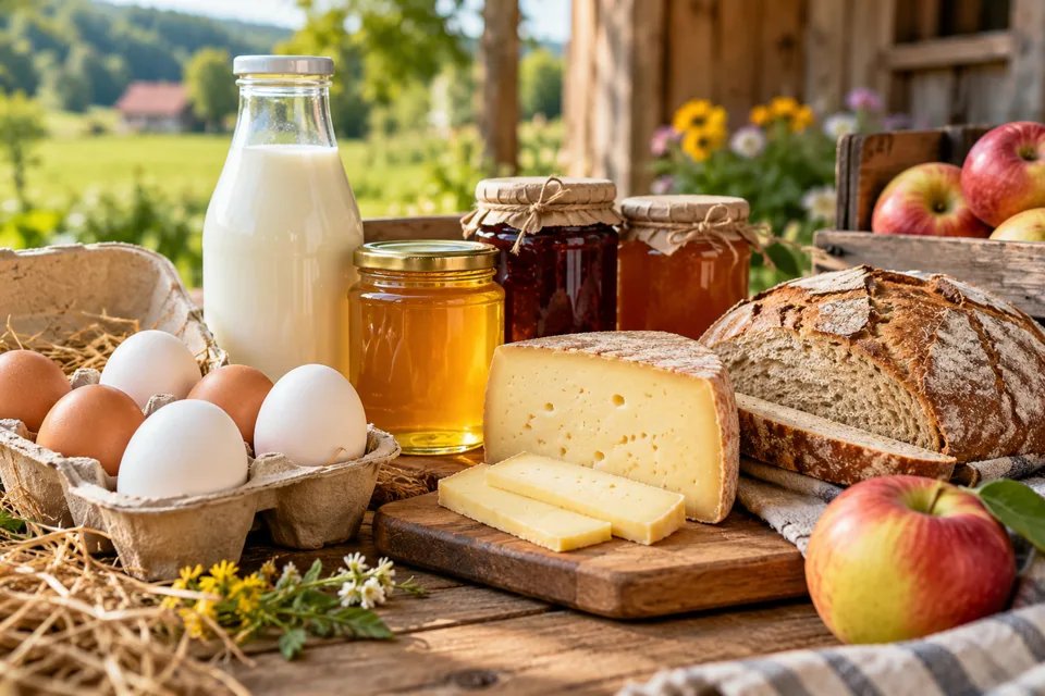 Foto der Theke Hoftisch bei Biohof Schlake mit 4 Produkten. Alle Produkte stehen auch in der Liste darunter.