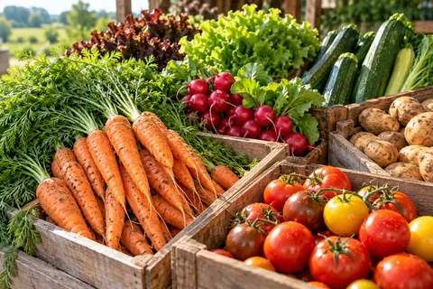 Holzkisten mit Karotten, Tomaten, Radieschen und Kartoffeln