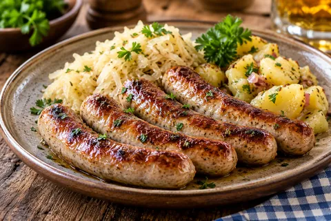 Gebratene Bratwürste mit Sauerkraut und Kartoffelsalat