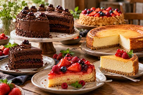 Schokoladentorte mit Kirschen, Käsekuchen und Beerenkuchen auf dem Holztisch