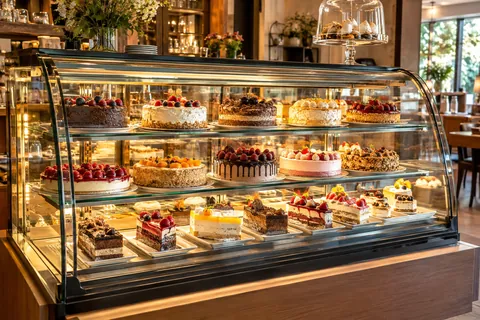 Kuchenvitrine mit zehn Torten auf zwei Etagen und Tortenstücken darunter