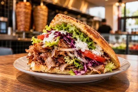Döner im Fladenbrot mit Salat, Rotkohl, Tomate und Soße, dahinter die Dönerspieße
