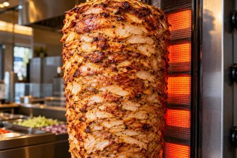 Hähnchen-Dönerspieß vor dem Grill, dahinter die Salattheke