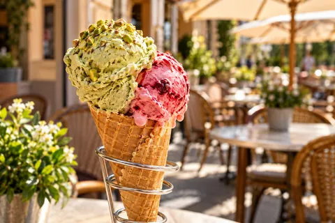 Zwei Kugeln Eis in der Waffel, Pistazie und Himbeere