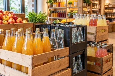 Apfelsaft, Mineralwasser und Limonaden in Holz- und Getränkekisten