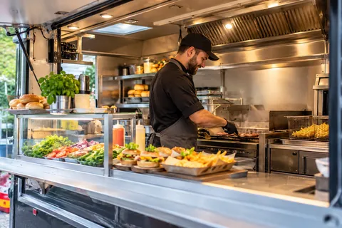 Im Foodtruck: Burger-Patties auf der Platte, Vitrine mit Salat, Burger und Pommes