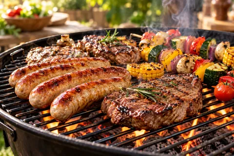 Würste, Steaks und Gemüsespieße auf dem Grill
