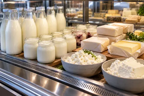Kühltheke mit Milch in Glasflaschen, Joghurt, Butter, Quark und Käse