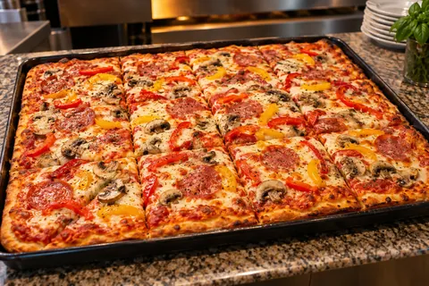 Familienpizza vom Blech mit Salami, Paprika und Pilzen