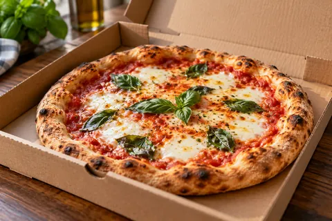 Pizza Margherita mit Basilikum im Pizzakarton