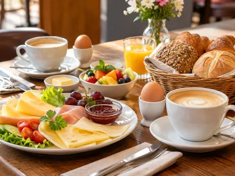 Frühstück im Café mit Cappuccino, Brötchenkorb, Eiern, Käse und Obst