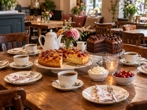 Gedeckter Kaffeetisch mit Obstkuchen, Schokoladentorte und Kaffeekanne