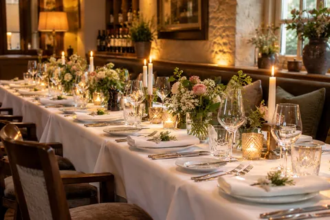 Festlich gedeckte lange Tafel mit weißen Tischdecken, Kerzen und Blumen