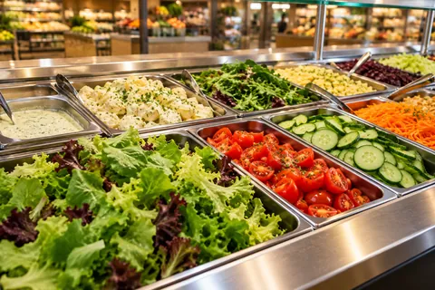 Salatbar mit Blattsalat, Tomaten, Gurken, Kartoffelsalat und Nudelsalat