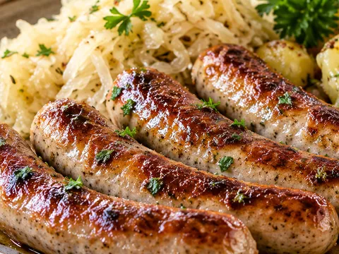 Gebratene Bratwürste mit Sauerkraut