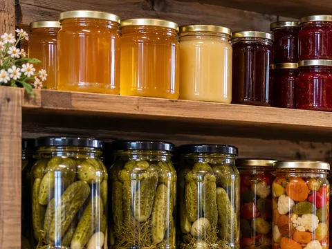 Honiggläser und Marmelade im Holzregal