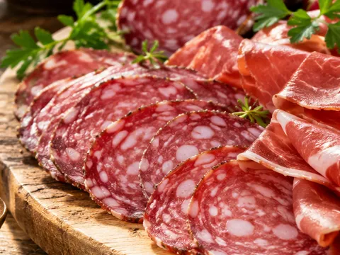 Salami und Schinken auf dem Holzbrett