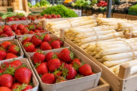 Weißer Spargel in Holzkisten und Erdbeeren in Spankörbchen