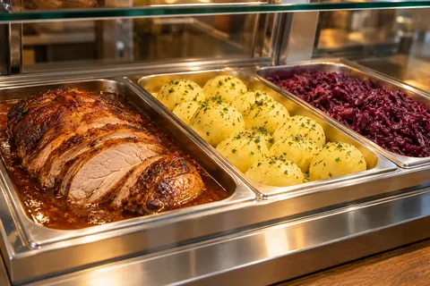 Schweinebraten mit Knödeln und Rotkohl in der heißen Theke
