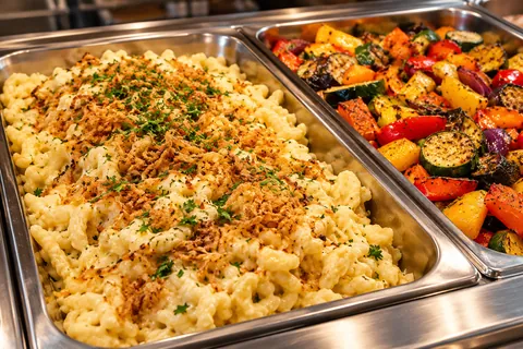 Käsespätzle mit Röstzwiebeln und Ofengemüse in der heißen Theke