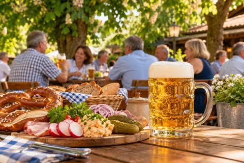 Biergarten unter Kastanien mit Brezeln, Obatzda und Radieschen
