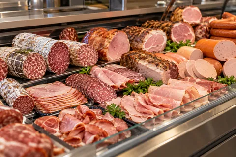Wursttheke mit Salami, Kochschinken, Lyoner, Fleischwurst und Aufschnitt